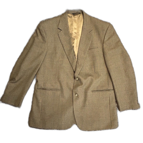 Jos. A. Bank Tan Gray Wine Houndstooth Check Wool 2 Button Sports Coat Size 46R - Picture 1 of 16